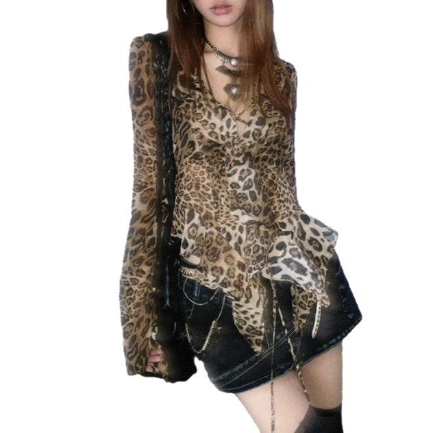 Women's Leopard Print V-Neck Chiffon Shirt Colouronova