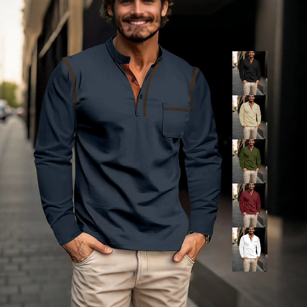 Men's Long Sleeve Stand Collar Polo Shirt Colouronova