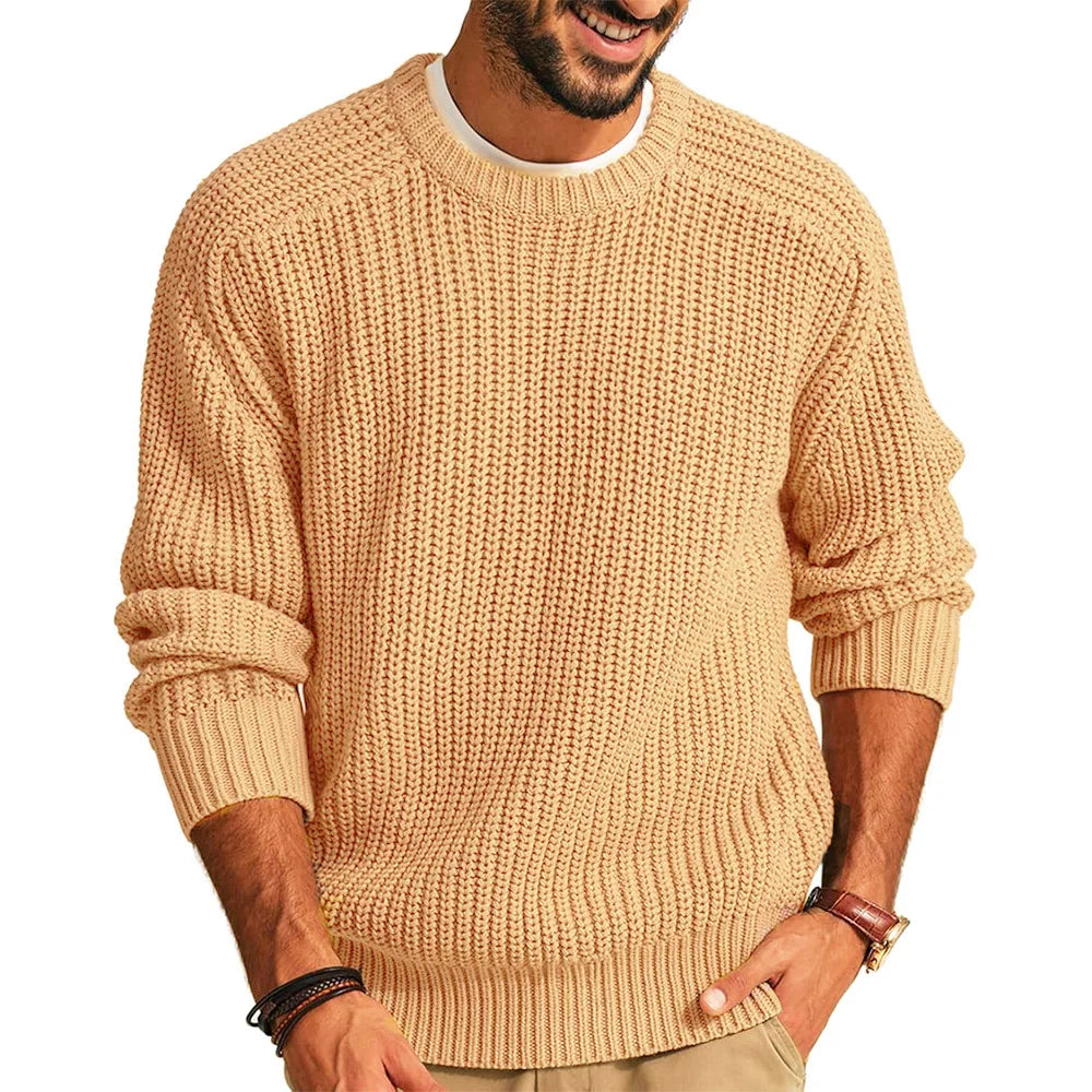 Men Round Neck Pullovers Vintage Solid Long Sleeve Jumpers Knit Sweater Loose Casual Basics Sweaters Autumn Winter 2025 - Colouronova