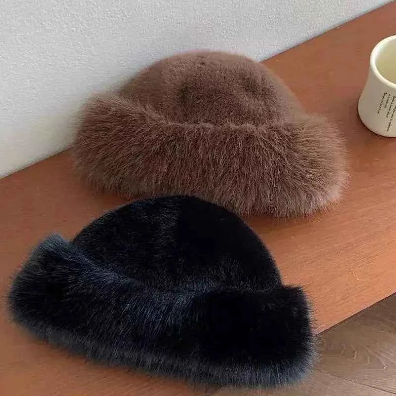 Winter Thick Warm Furry Beanies Hat Women Imitation Mink Fur Russian Cap Solid Plush Brimless Cap Brimless Ski Hat Mongolian Hat