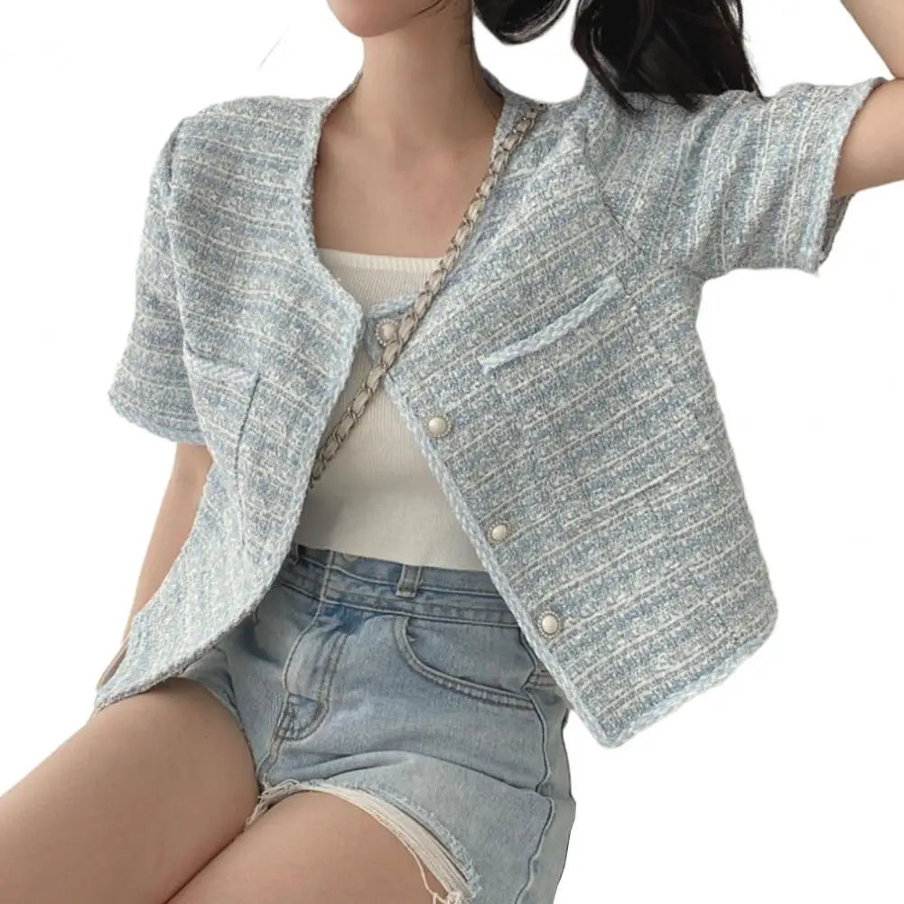 Tweed Weave Plaid Women Blazer Coat Women 2023 French Style Short Sleeve Single breasted Women Cardigan Coat Jackets - Colouronova