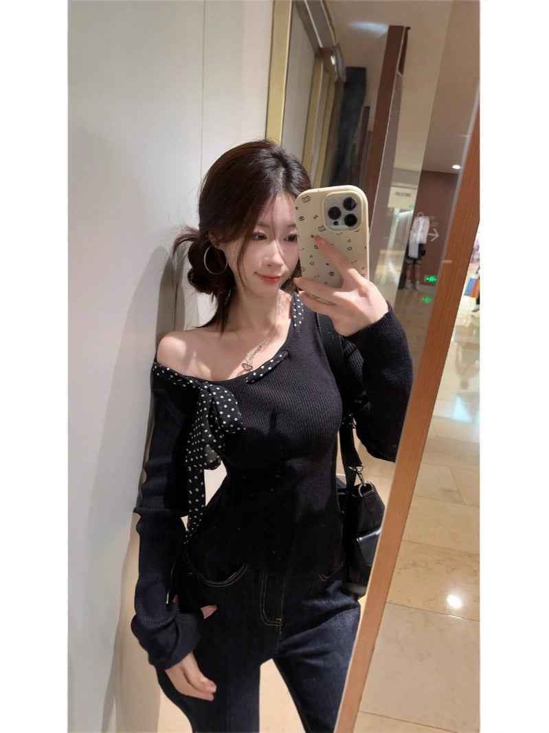 Black Polka Dot Bow Asymmetrical Blouse