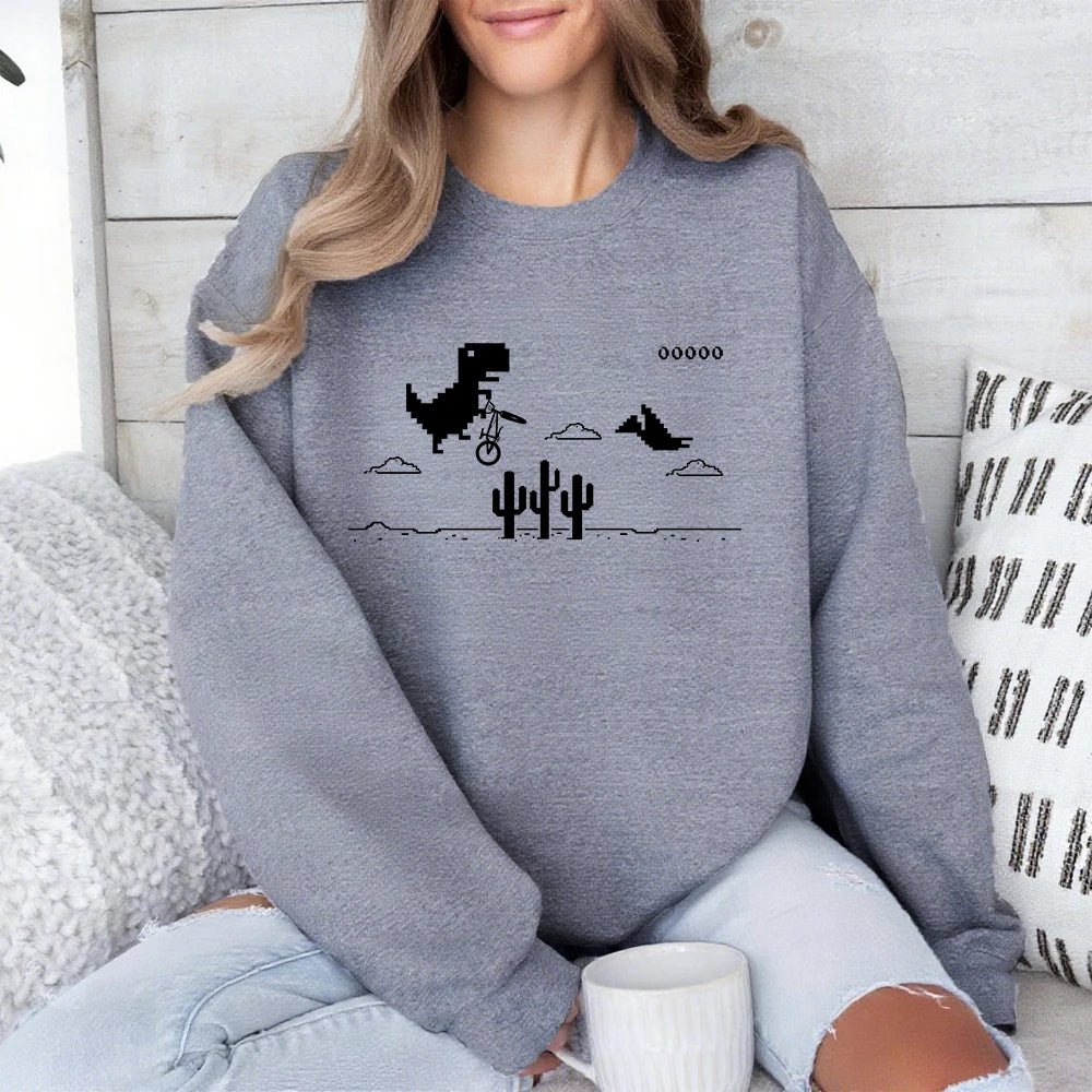 Pixel Art Of The Dino Game Printed Sweatshirts Women Crewneck Sporty Hoodies Loose Fleece Warm Tops Autumn Casual Womans Clothes - Colouronova