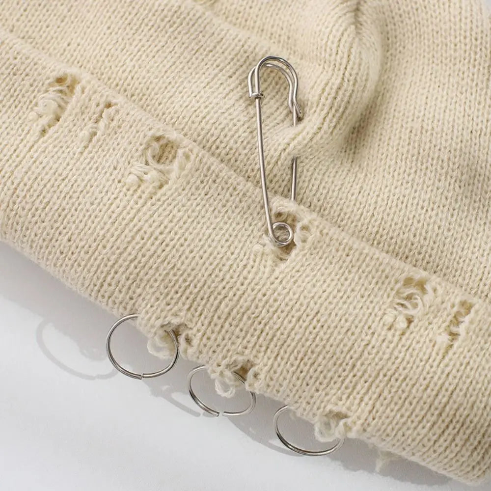 Trendy Autumn Winter Black Beanie Hat Warm Gothic Knitted Elastic Hat Hip-hop Acrylic Ripped Hat Men Women - Colouronova