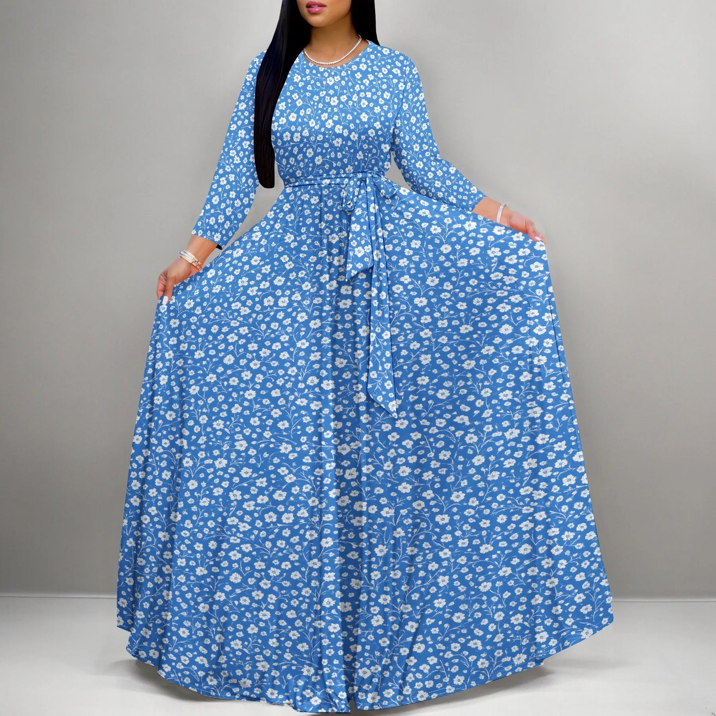 Long Sleeve Plus Size Maxi Fall Dress for Curvy Women Round Neck 3/4 Sleeve Long Dress Cocktail Party Dress - Colouronova