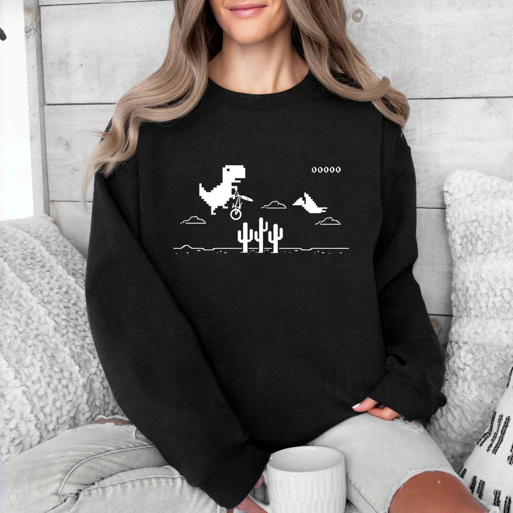Pixel Art Of The Dino Game Printed Sweatshirts Women Crewneck Sporty Hoodies Loose Fleece Warm Tops Autumn Casual Womans Clothes - Colouronova