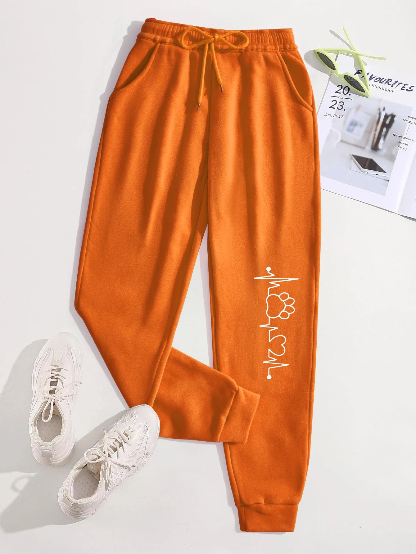 Creative Heartbeat Dog Claw Print Pants Womens Jogger Sportpants Fleece Drawstring Long Pant Fashion Street Female Sweatpants - Colouronova