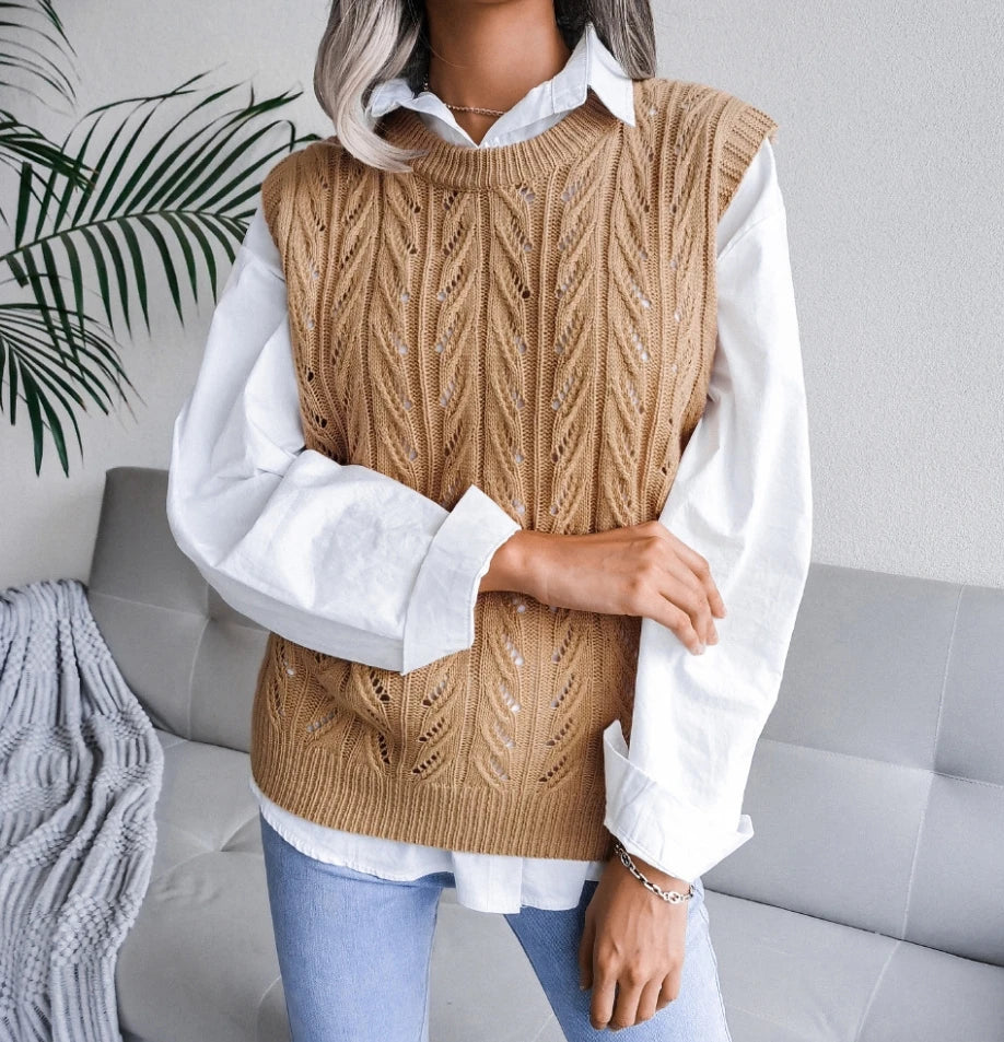 women's winter sweaters Korean popular women's vest solid color O-neck sleeveless hollow knitted loose casual sweater vest - Colouronova
