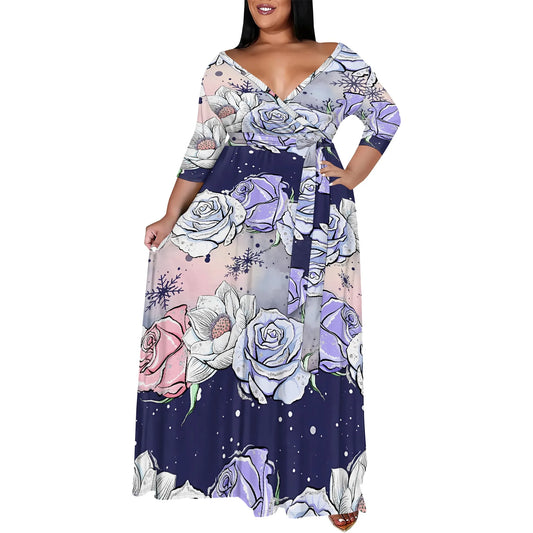 Plus Size Snowflake Floral Print Maxi Dress 3/4 Sleeve V Neck Winter Holiday Elegant Belted Dress - Colouronova