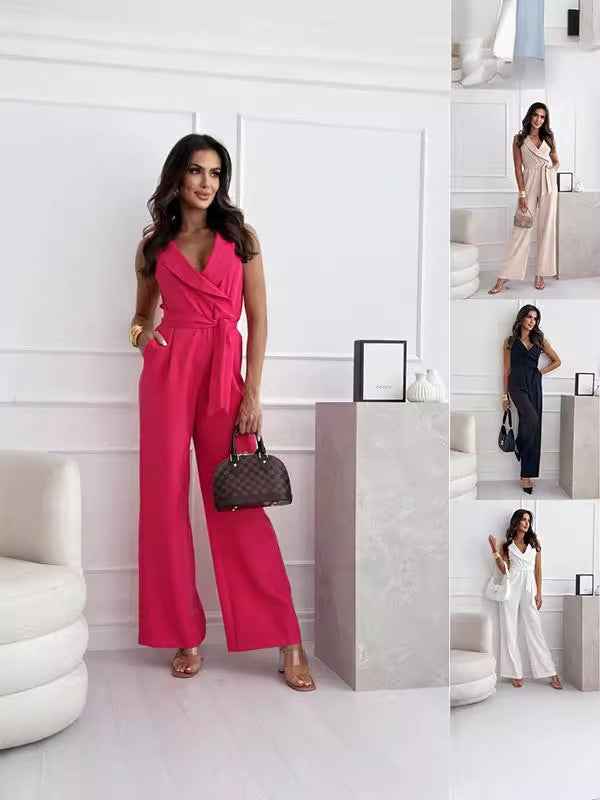Sleeveless V-Neck High-Waist Tie-Waist Jumpsuit