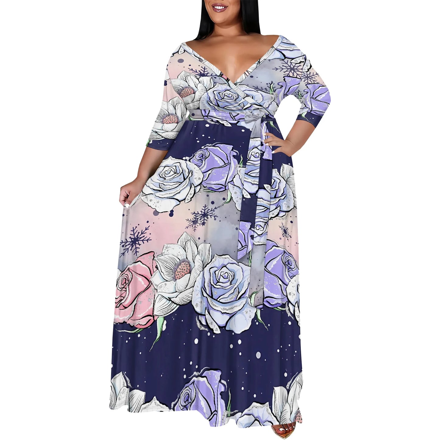 Plus Size Snowflake Floral Print Maxi Dress 3/4 Sleeve V Neck Winter Holiday Elegant Belted Dress - Colouronova