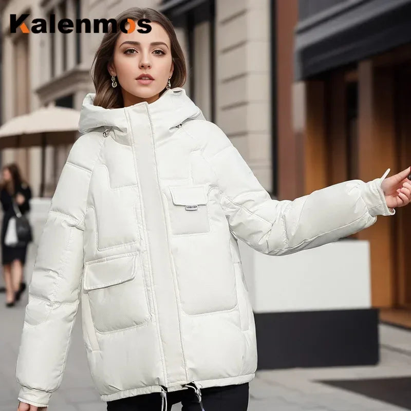 Women Full Sleeve Hooded Zipper Parkas Stand Collar Loose Drawstring Jackets Thick Warm Pockets Casual Coats Autumn Winter - Colouronova