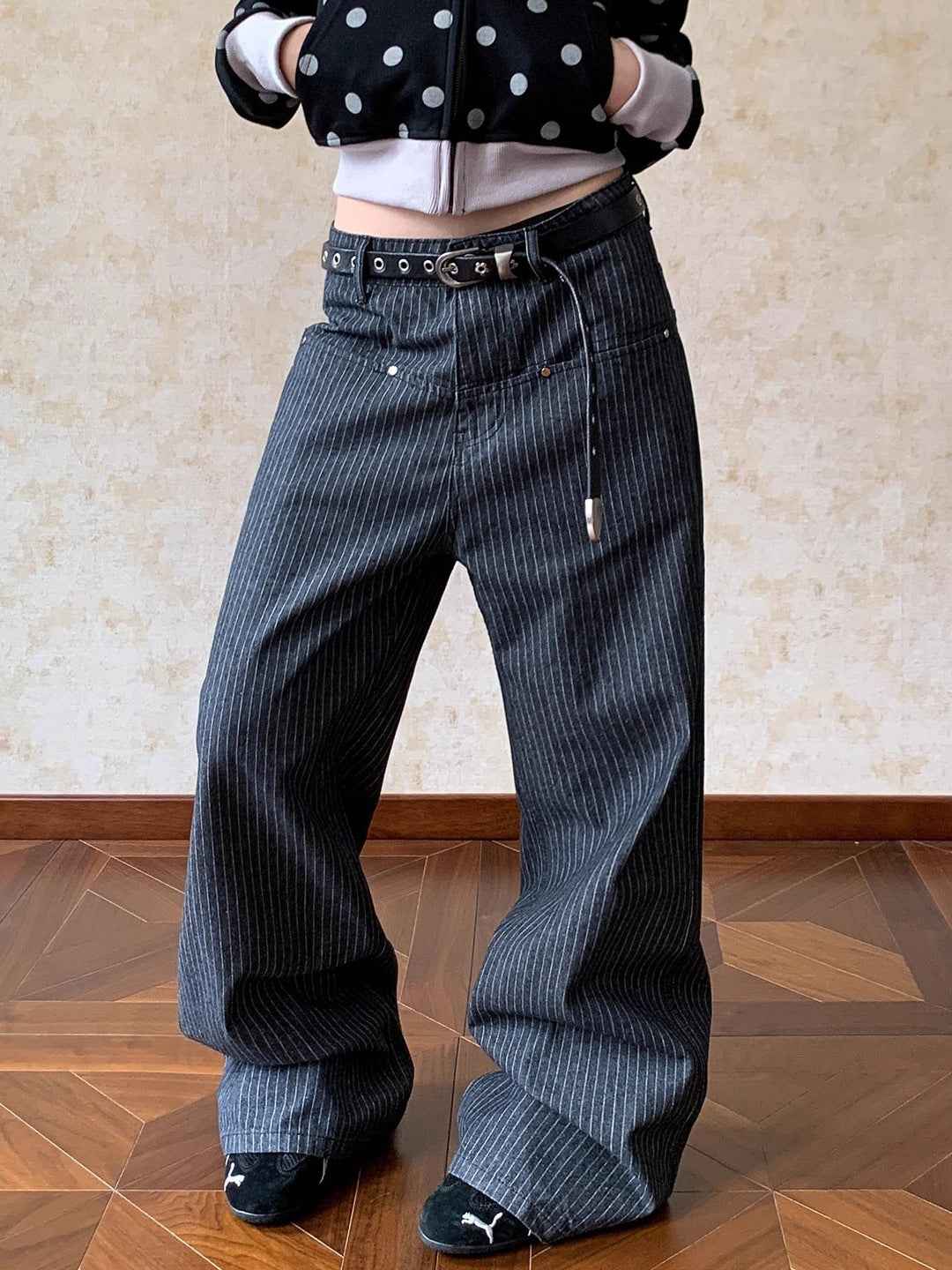 Retro Vertical Striped Denim Pants High Waist Straight Leg