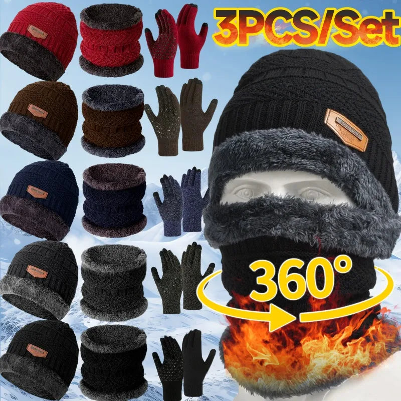 3Pcs/set Winter Beanie Hat Neck Warmer Gloves for Men Women Thicken Warm Plush Lined Knitted Outdoor Riding Windproof Scarf Caps - Colouronova