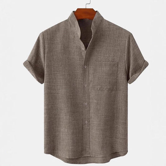 Mens Cotton Linen Stand Collar Shirt Colouronova