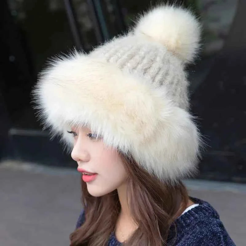 Women Winter Pom Pom Hat Fashion Knitted Beanie Thick Fleece Lined Warm Russian Style Fur Skullies Cap Elegant Cold Weather Hat