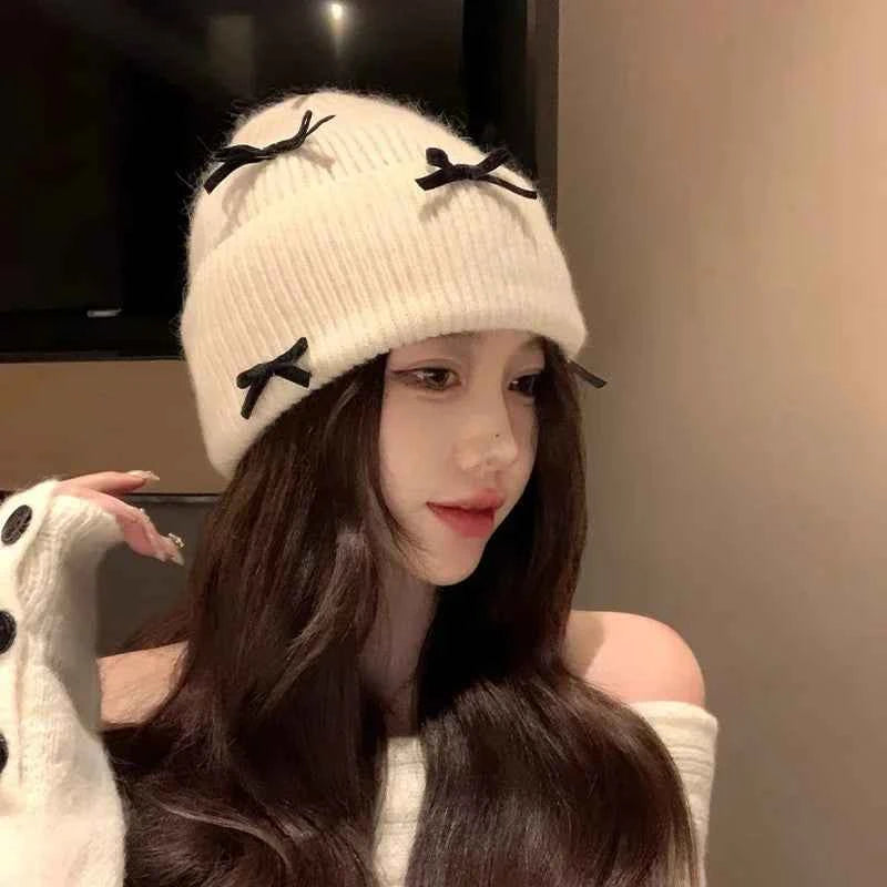 Korean Bow Women Beanie Cap Autumn Winter Warm Ins Style Cute Y2K Girls Knitted Hat Solid Color Bowknot Female Thermal Skullcap