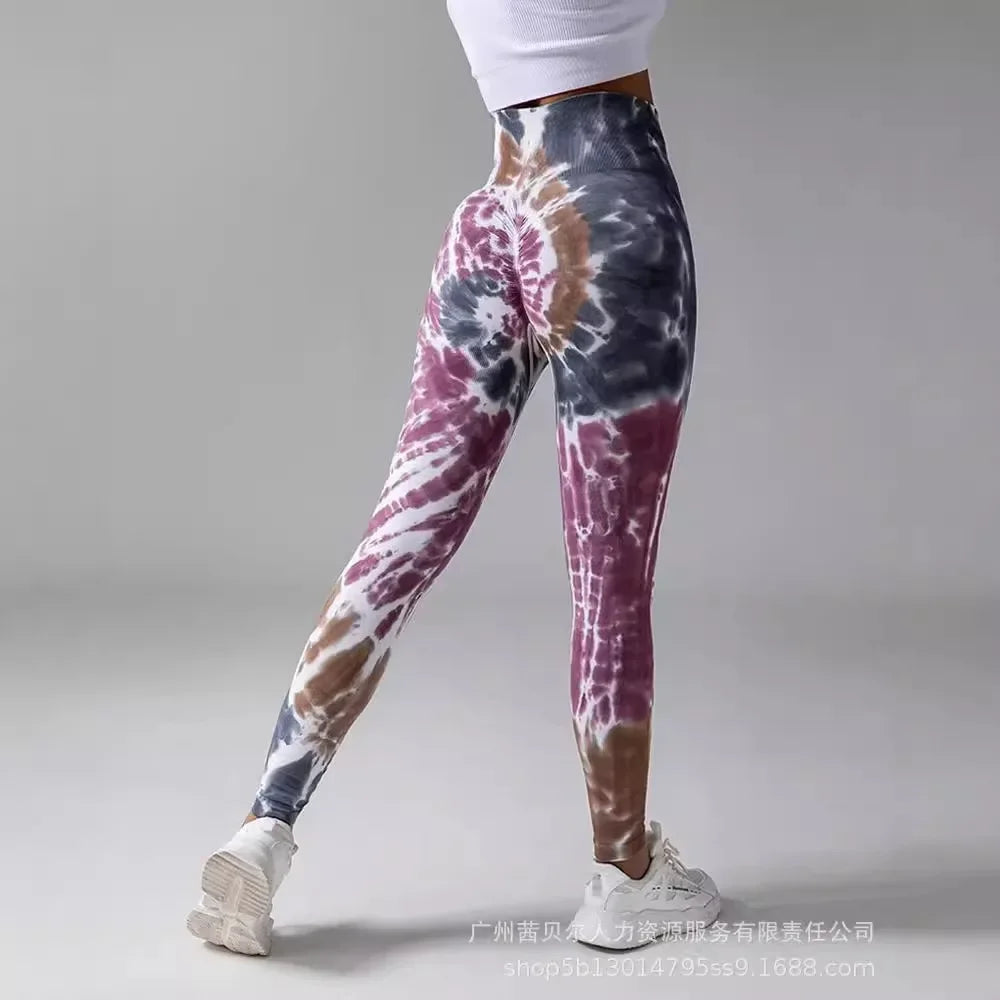 Women Sports Running Gym Work Out Pants Tie Dye Print Butt Lifting Yoga Pants High Waist Booty Scrunch Leggings - Colouronova