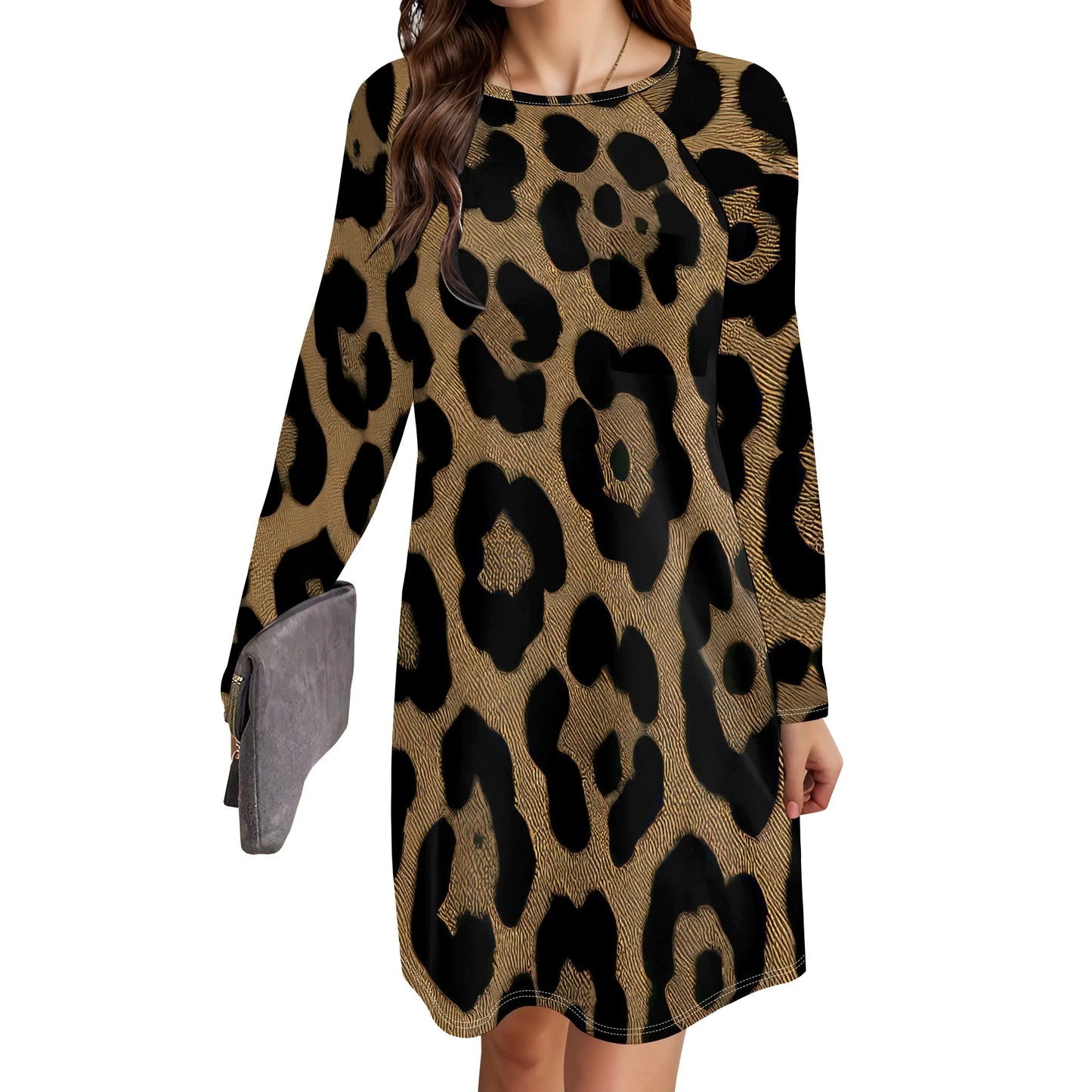 Women's Animal Print Dress Long Sleeve Crew Neck Winter Pullover Casual Loose Comfort Midi Dresses - Colouronova