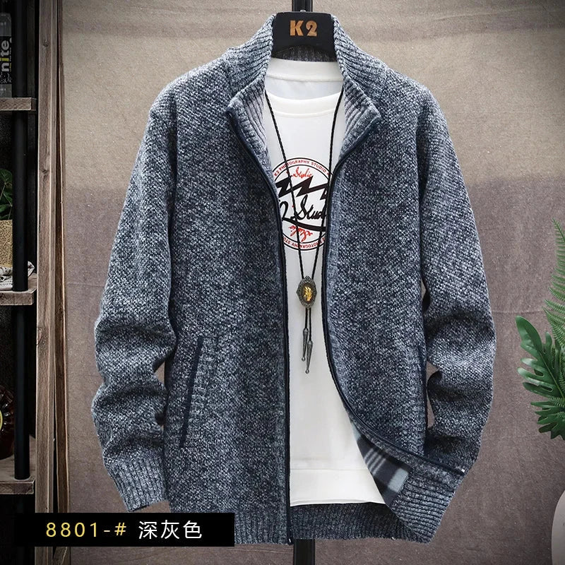 Men's Winter Autumn Fleece Sweater Zipper Cardigan Korean Warm Jacket Coat Sports Male Jumper Knit Clothing Brown Jacket Colouronova