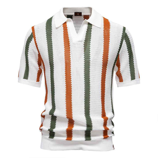 Breathable Striped Mens Polo Shirt Summer Short Sleeve Knit Top
