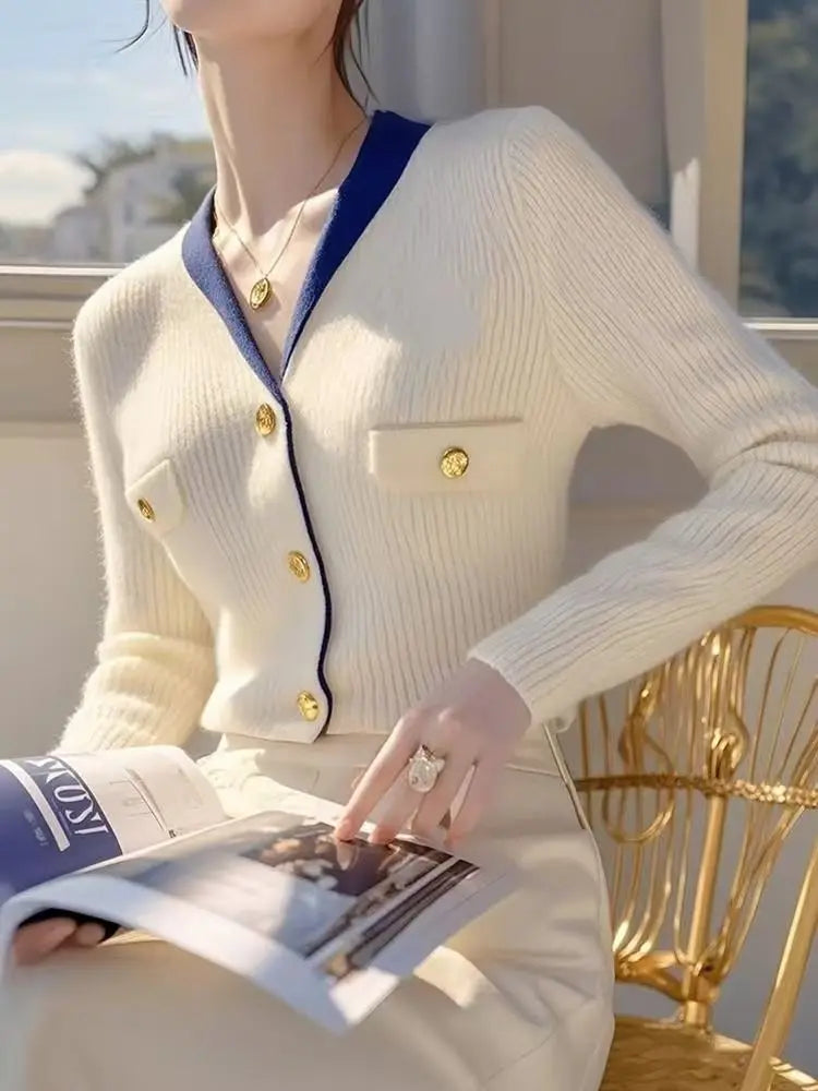 Women's Clothing New Chic Button Soft Elastic Sweaters Autumn Winter Temperament V-neck Slim Knitted Cardigan 2025 Korean Tops - Colouronova