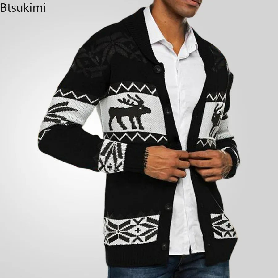 2025 Autumn Winter Men's Snowflake Christmas Sweater Knitted Sweater V-Neck Casual Knit Jumpers Pullovers Home Warm Outwear Male - Colouronova