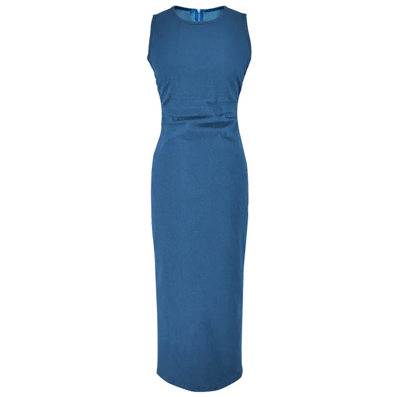 Benuynffy Elegant Split Hem Denim Dress Women's Fashion 2025 Summer Autumn Round Neck Sleeveless Zipper Hip-wrapped Long Dress - Colouronova