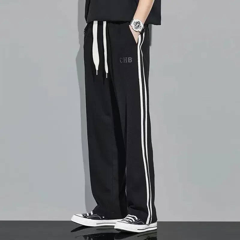 Fleece Thick Warm Straight Casual Pants Men Autumn Winter New Patchwork Striped Drawstring Waist Loose Versatile Sports Trousers - Colouronova