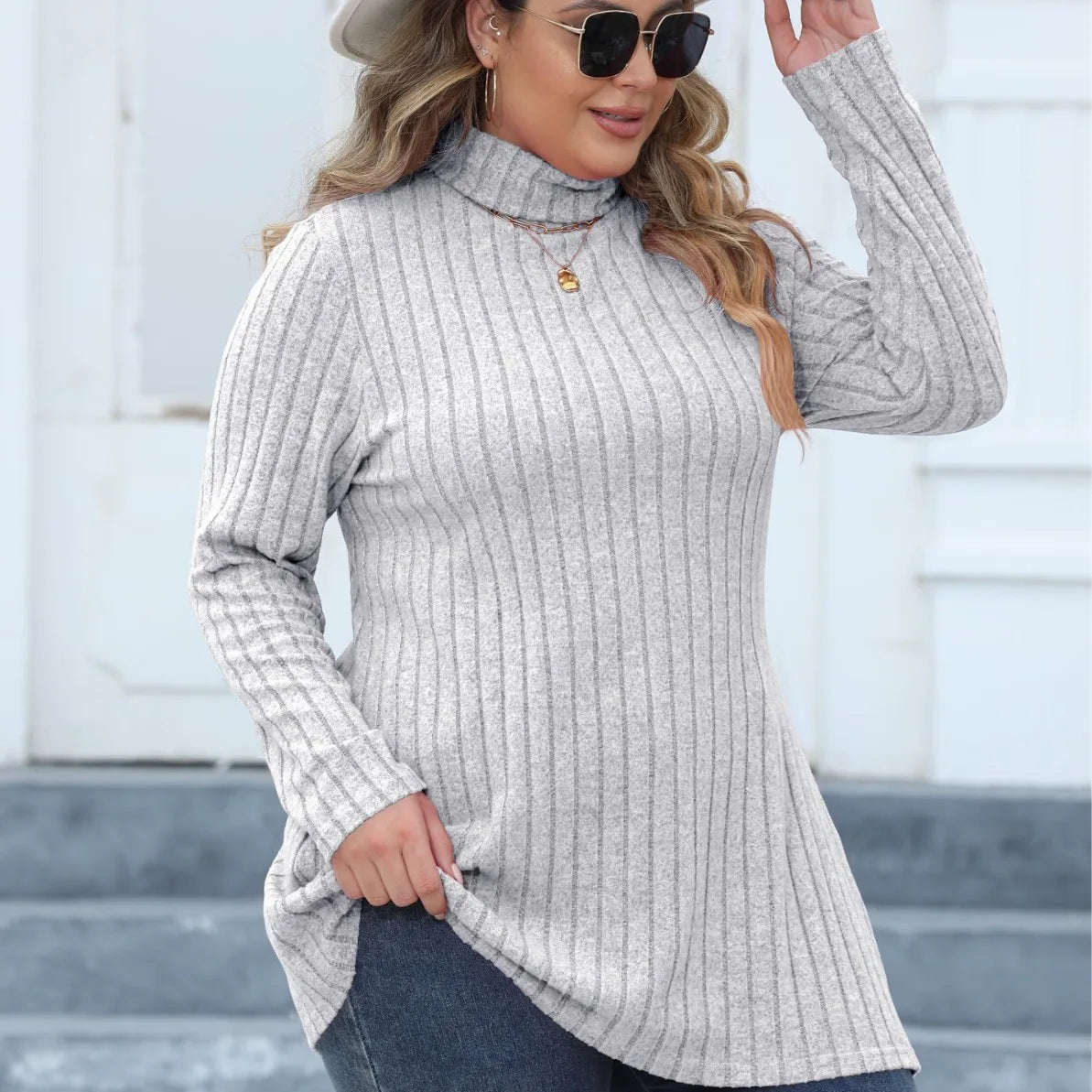 Women Turtleneck Top T Shirt Basic Tees Side Split Stripe Long Sleeve Casual Layering Tops 2025 Autumn Winter Office Lady - Colouronova