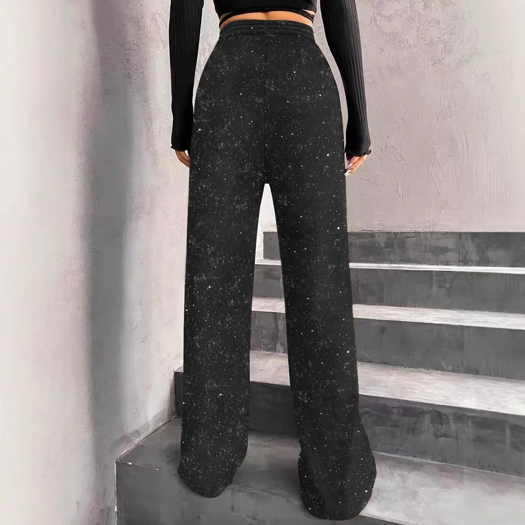 Wide Leg Pants Women Full Length Pant Capris Loose Fit Solid High Waist Drawstring Diamonds Pockets Sports Autumn Casual - Colouronova