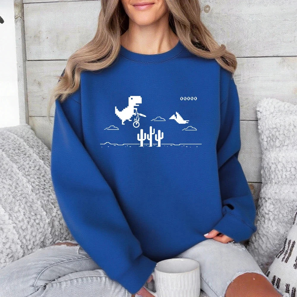 Pixel Art Of The Dino Game Printed Sweatshirts Women Crewneck Sporty Hoodies Loose Fleece Warm Tops Autumn Casual Womans Clothes Colouronova