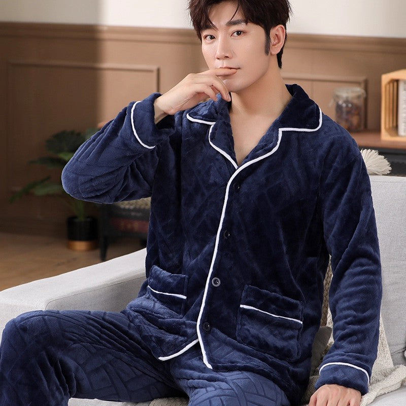 Men's Coral Fleece Pajama Set Long Sleeve Colouronova