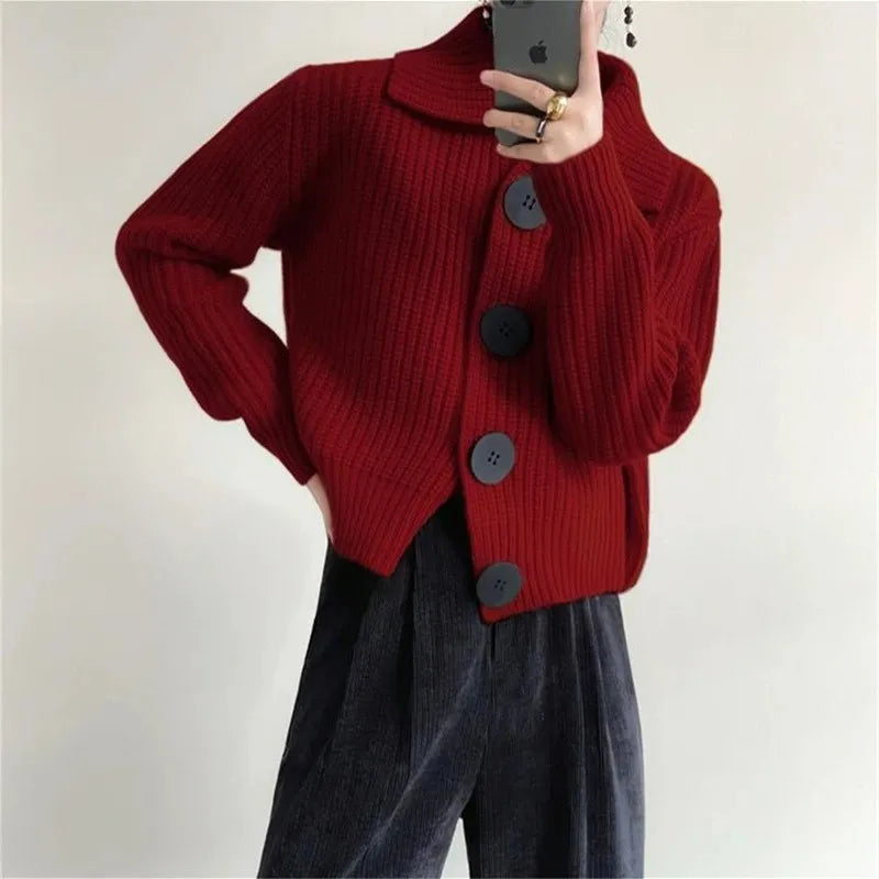 Loose Cardigan Women Turn-down Collar Autumn Winter Elegant Aesthetic Languid Korean Commuting Style Temperament Tender Stylish - Colouronova