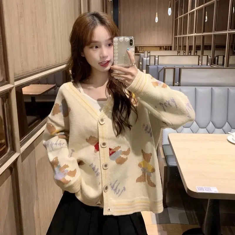 Knitted Korean Cardigan Woman's Clothes Cute V-neck Jacquard Loose Outerwear Lazy Style Youth Lively Fashion Trend Autumn Winter - Colouronova