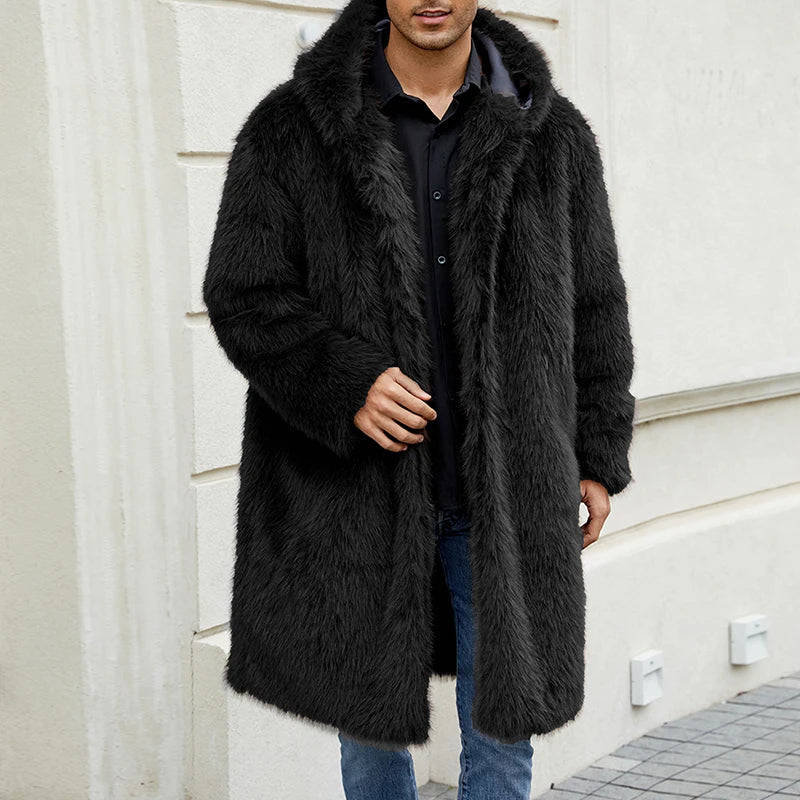 Men Faux Fur Coat Solid Color Hooded Long Sleeve Winter Warm Thicken Jacket Outerwear - Colouronova