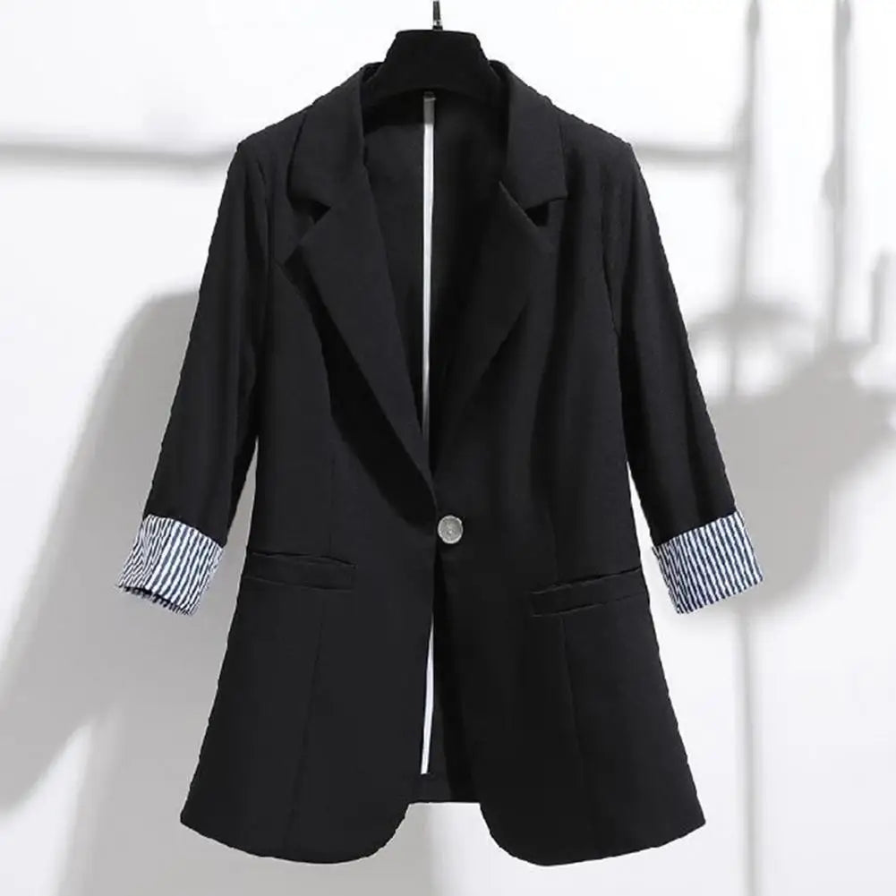 3 4 Sleeve Striped Patchwork Cuff Pockets Women Solid Color Lapel Single Button Thin Suit Coat Workwear - Colouronova