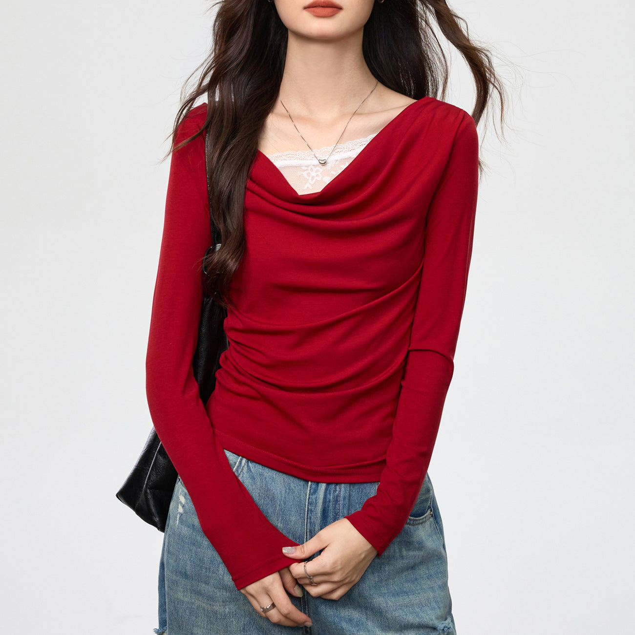 Swing collar stitching fake two-piece long sleeve Colouronova
