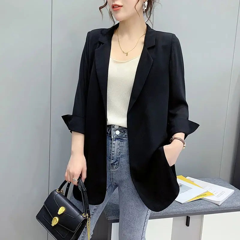 Women Blazer Jacket Cardigan Summer Suit Coat Three Quarter Sleeve Turn Down Collar Office Lady Open Stitch Outerwear 2025 - Colouronova