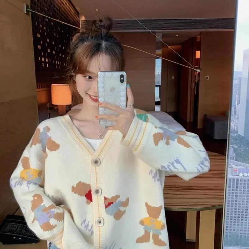 Knitted Korean Cardigan Woman's Clothes Cute V-neck Jacquard Loose Outerwear Lazy Style Youth Lively Fashion Trend Autumn Winter - Colouronova