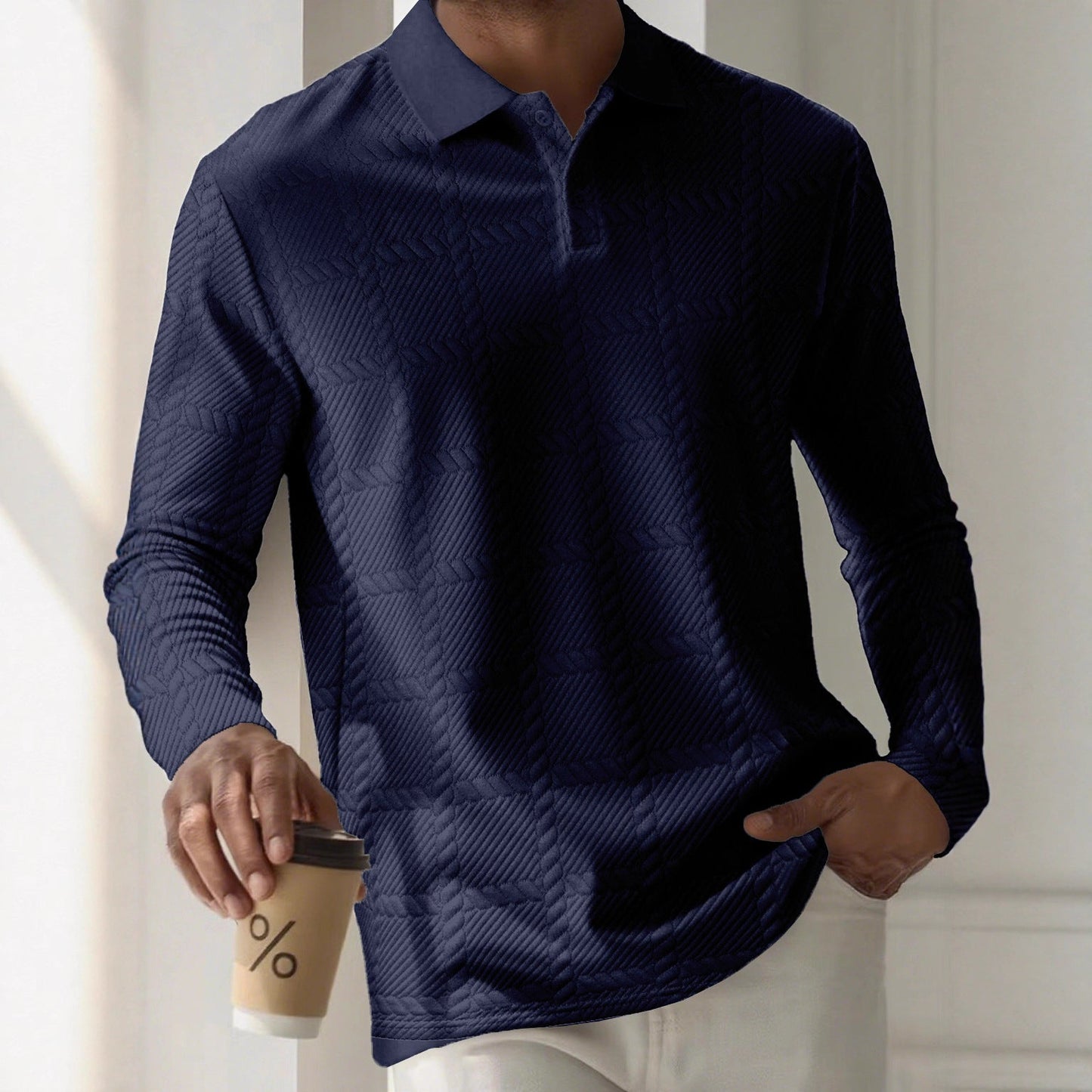 Mens Textured Long Sleeve Polo Shirts Colouronova