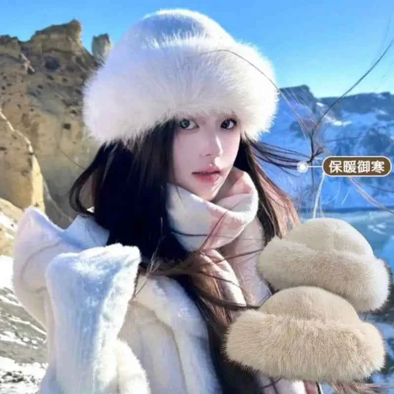 Winter Thick Warm Furry Beanies Hat Women Imitation Mink Fur Russian Cap Solid Plush Brimless Cap Brimless Ski Hat Mongolian Hat