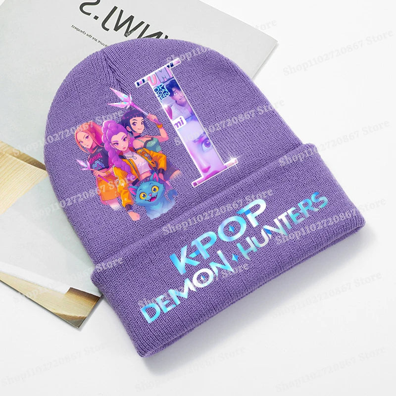 KPop Demon Hunters Purple Knitted Hat Boys Girls Cartoon Anime Woolen Hats Autumn Winter Kid Outdoor Warmth Beanies Caps Beanie - Colouronova