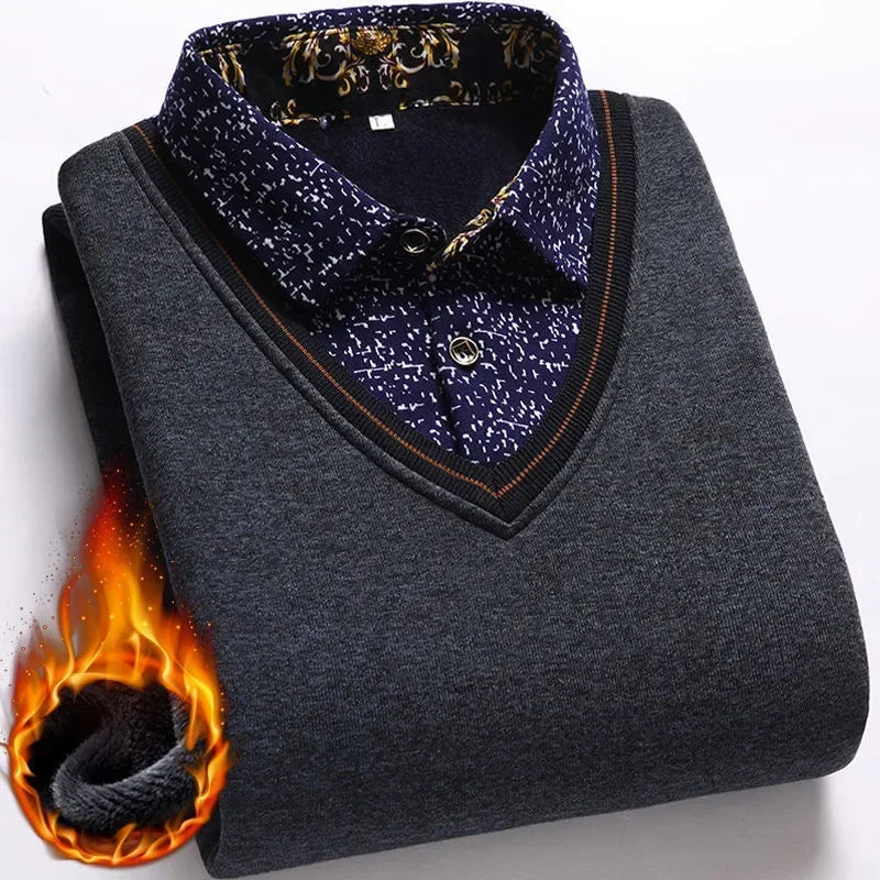 New2025 Autumn Winter Warm Sweater Men Fake Two-piece Grid Thicken Knitted Male Basic Sweater Pullover Shirt Jumper Sweater Male - Colouronova