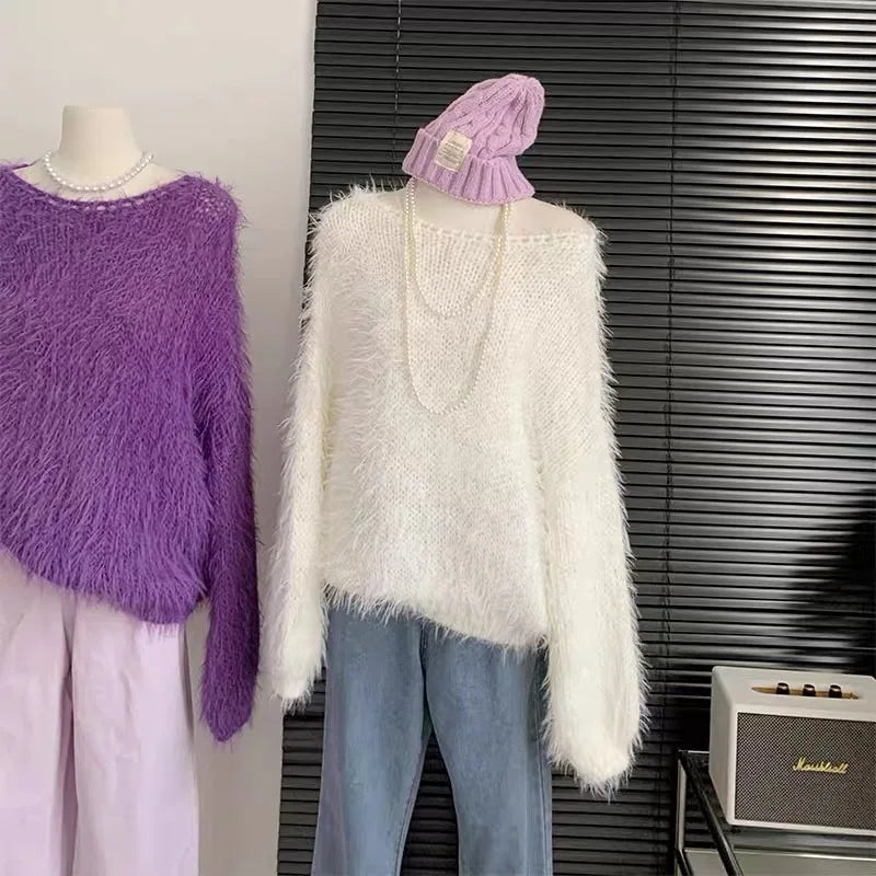 Women's Autumn Winter Faux Mink Hair Fuzzy Loose Long Sweater Lady Casual Solid Collar Pullover Long Sleeve Jumper - Colouronova
