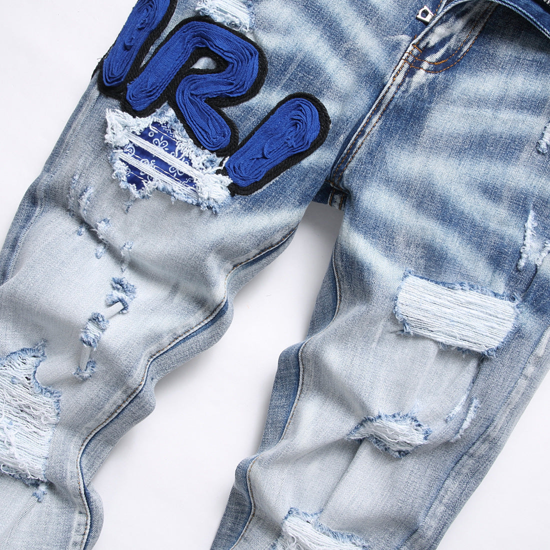 Blue Embroidered Distressed Patchwork Slim-Fit Jeans Colouronova