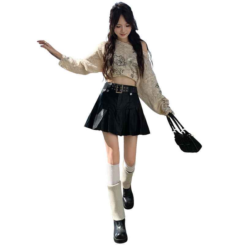 Womens PU Leather A-Line Skirt with Belt