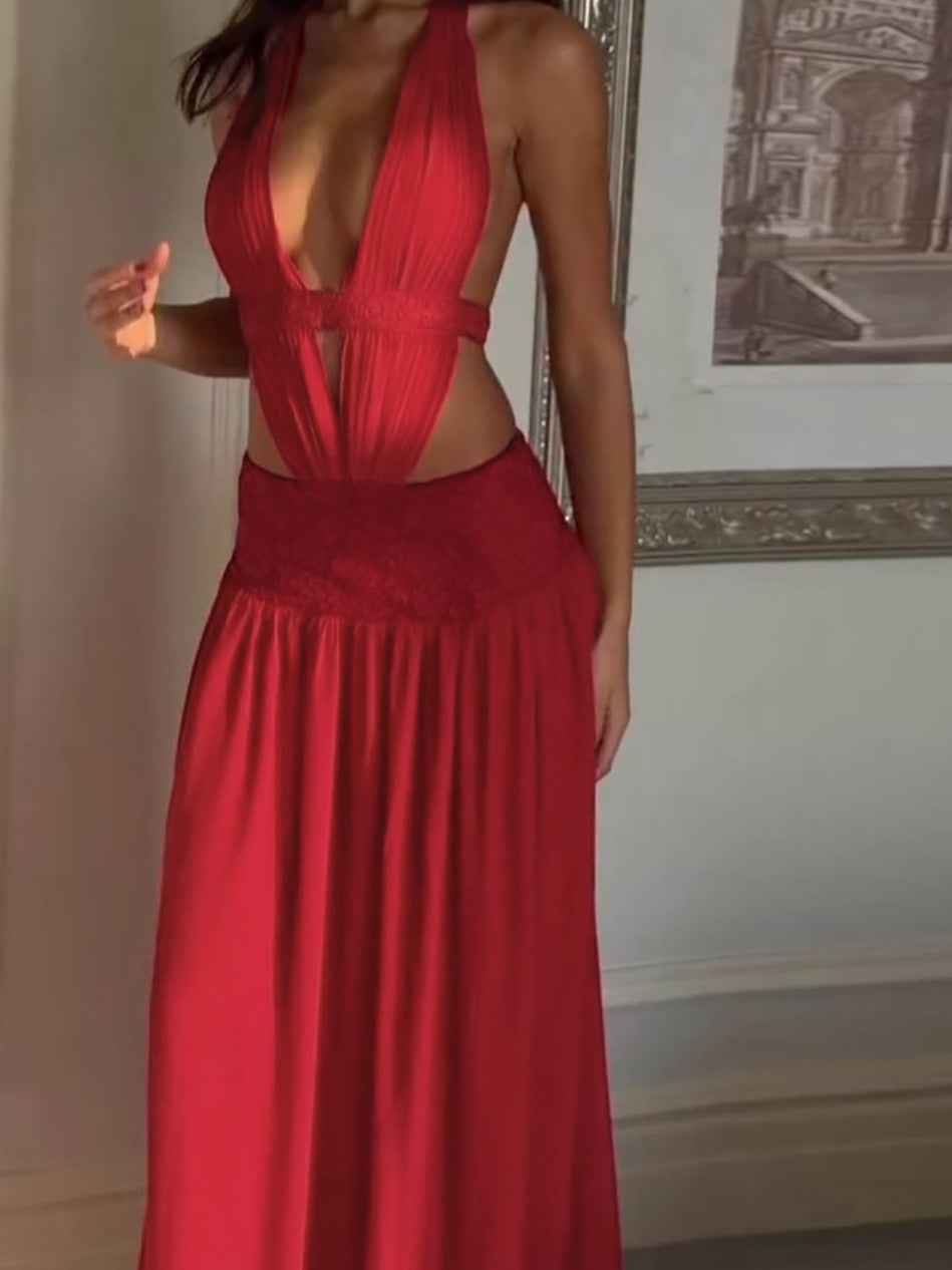 Sexy Halter Deep V-Neck Cut-Out Backless Solid Color Dress