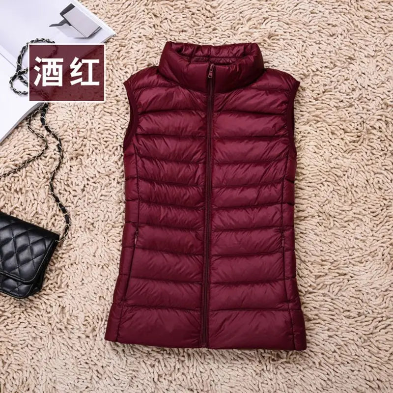 2024 Women's Clothing Down Coats White duck down slim fit new lightweight down vest short standing collar warm thin jacket vests - Colouronova