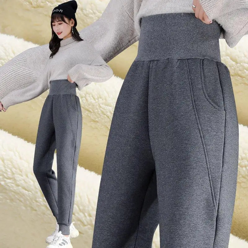 2022 Winter Women Fleece Pants Casual Keep Warm Thick Trousers Fashion Solid Color Loose High Lamb Fur Slim Waist Sweatpants 4XL - Colouronova